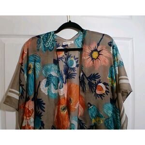 Boho Kimono Cover Up Duster Fall Colors Brown Teal One Size Sheer Woven Heart